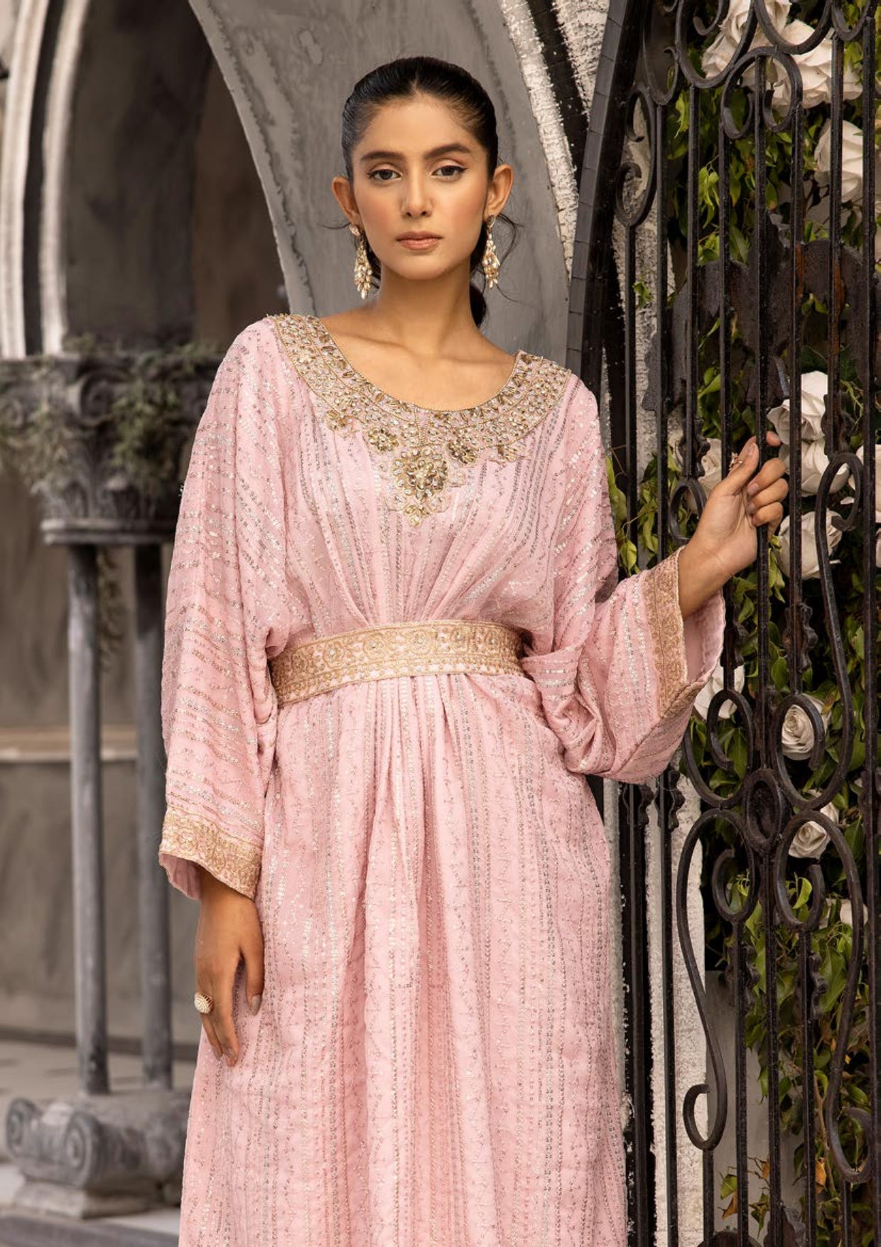 SIMRANS Jeem 2 piece luxury embroidered kaftan with belt beige 07