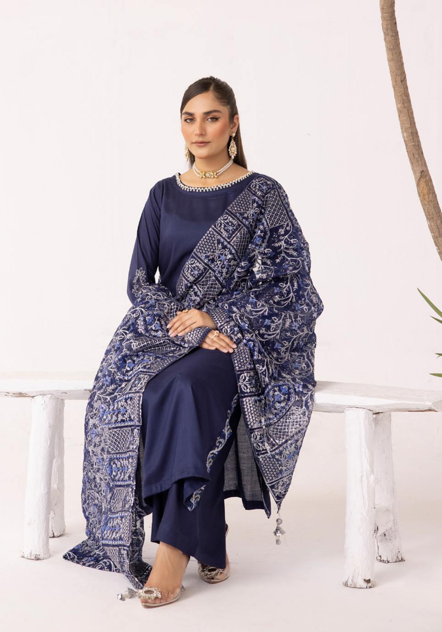 SIMRANS Sequence by Shiffonz Mummy & Me/kids 3 piece embroidered readymade suit NAVY