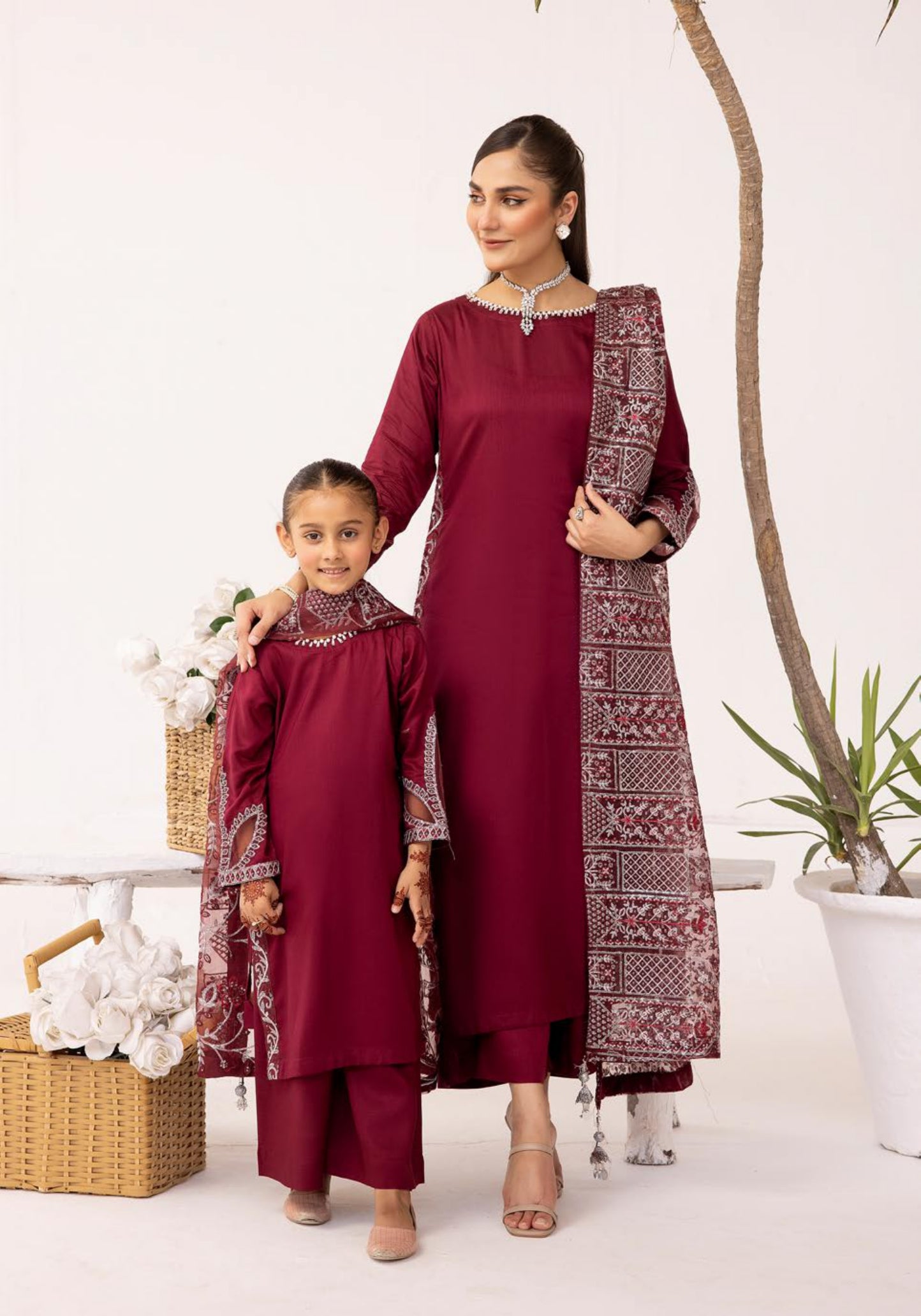 SIMRANS Sequence Mummy & Me/kids 3 piece embroidered readymade suit Maroon