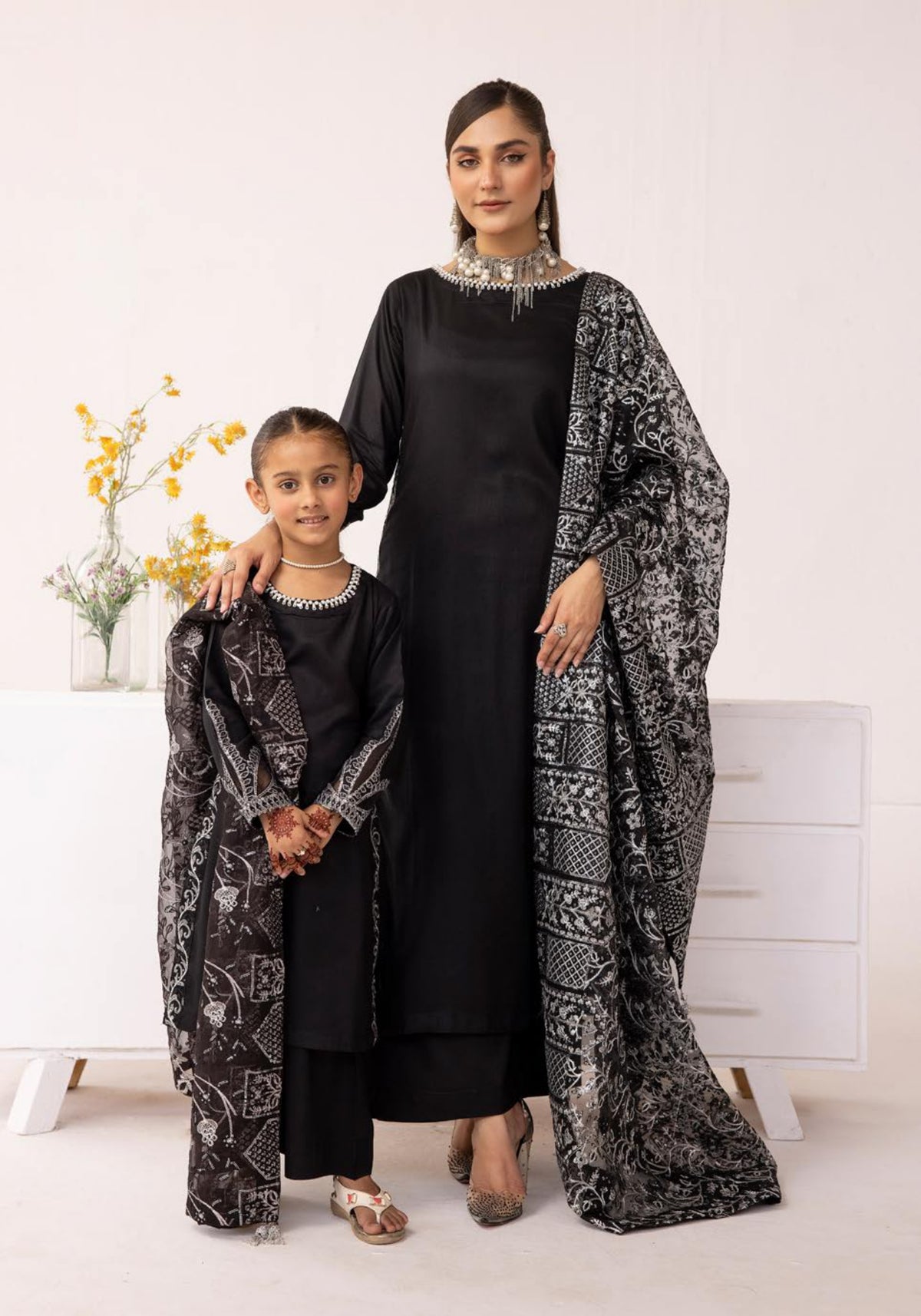 SIMRANS Sequence by Shiffonz Mummy & Me/kids 3 piece embroidered readymade suit Black