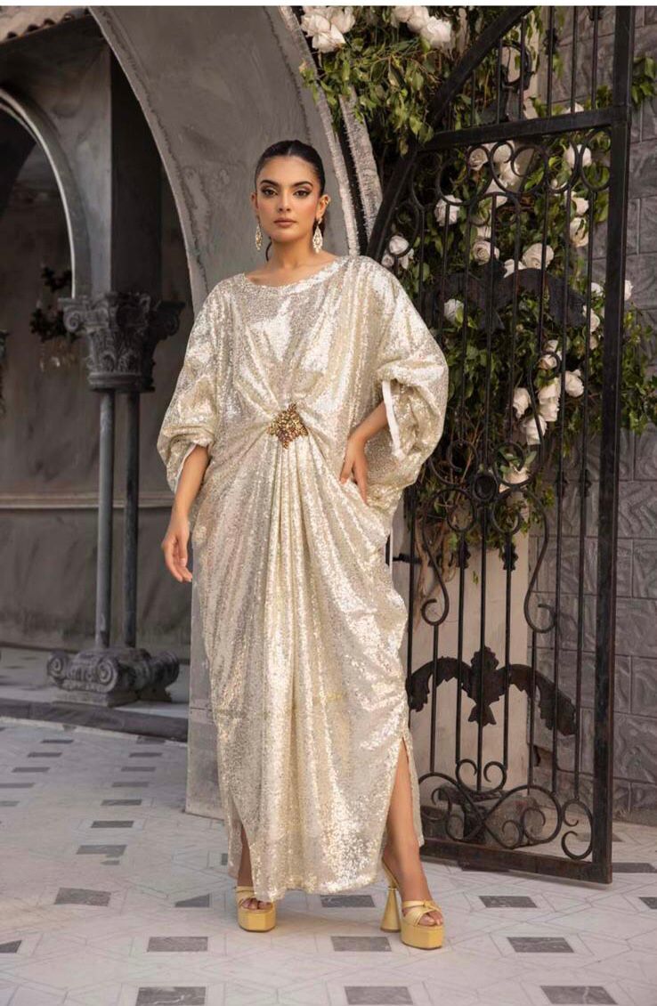 SIMRANS Moonlight sequence embroidered kaftan Gold