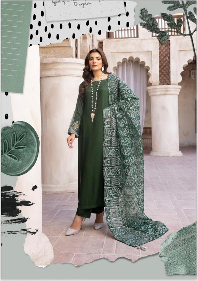 Sequence by Simrans  3 piece embroidered readymade suit in green