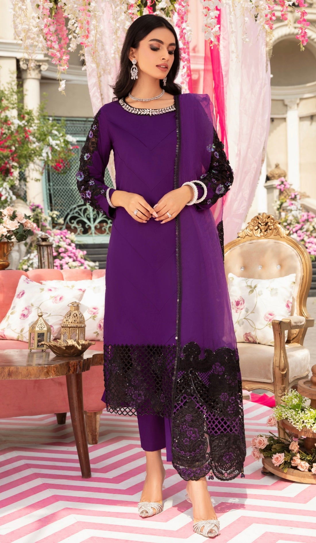 SIMRANS Ivana mother and daughter luxury lawn suit in PURPLE SIL302