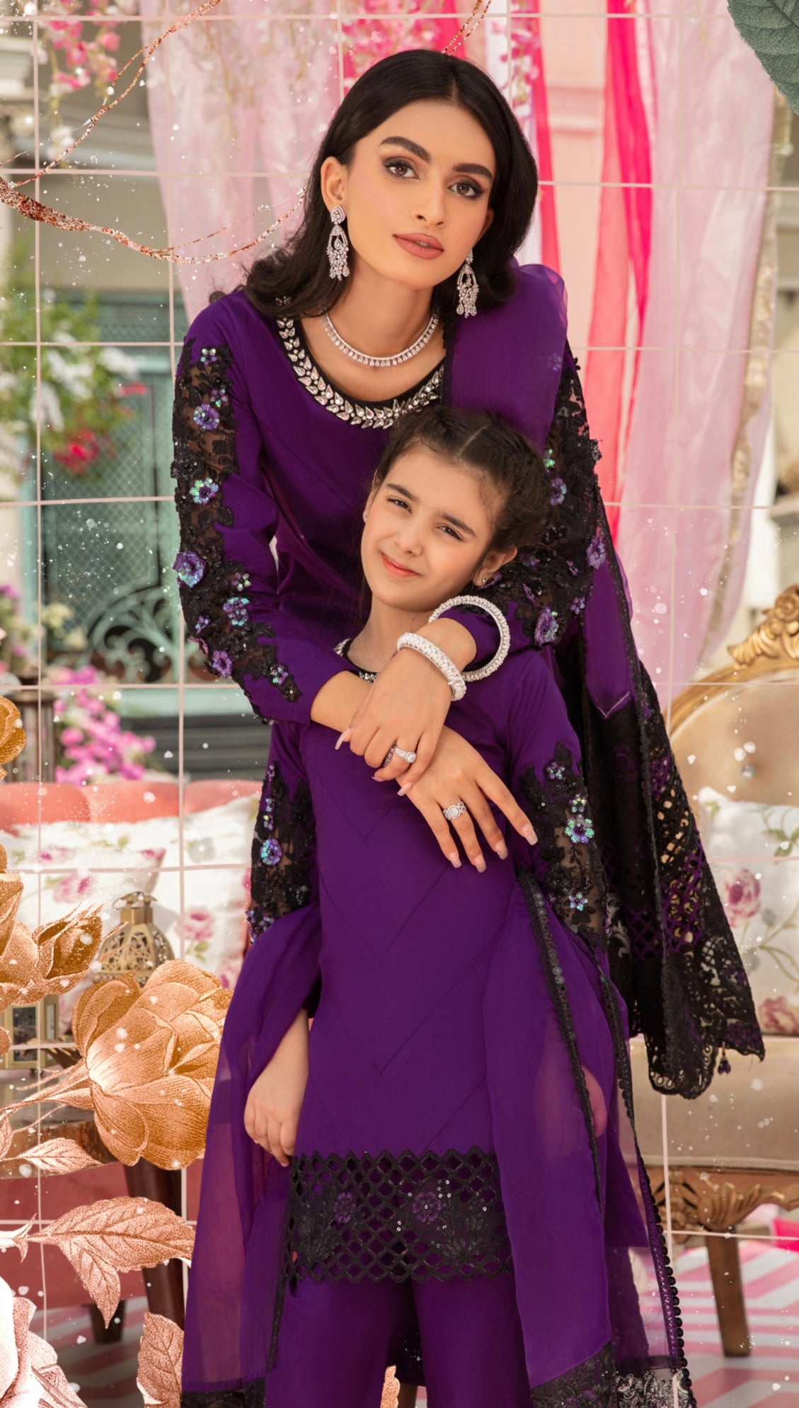 SIMRANS Ivana mother and daughter luxury lawn suit in PURPLE SIL302