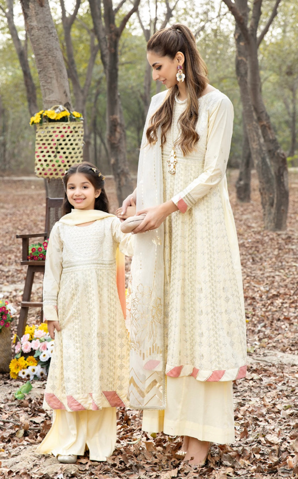 SIMRANS CHICKENKARI 3 Piece mother and daughter/kids collection in cream SCKC-586