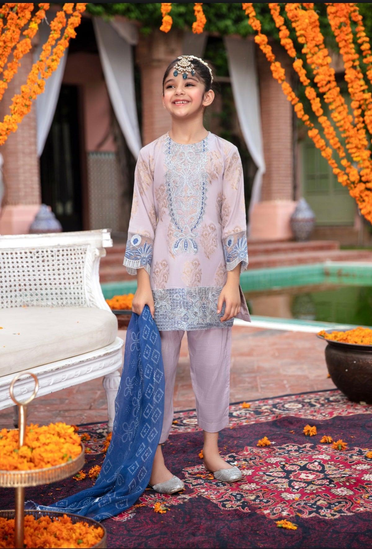 SIMRANS IVANA Mother Daughter/kids 3 piece luxury embroidery jacquard suit in Light lilac-SILC002