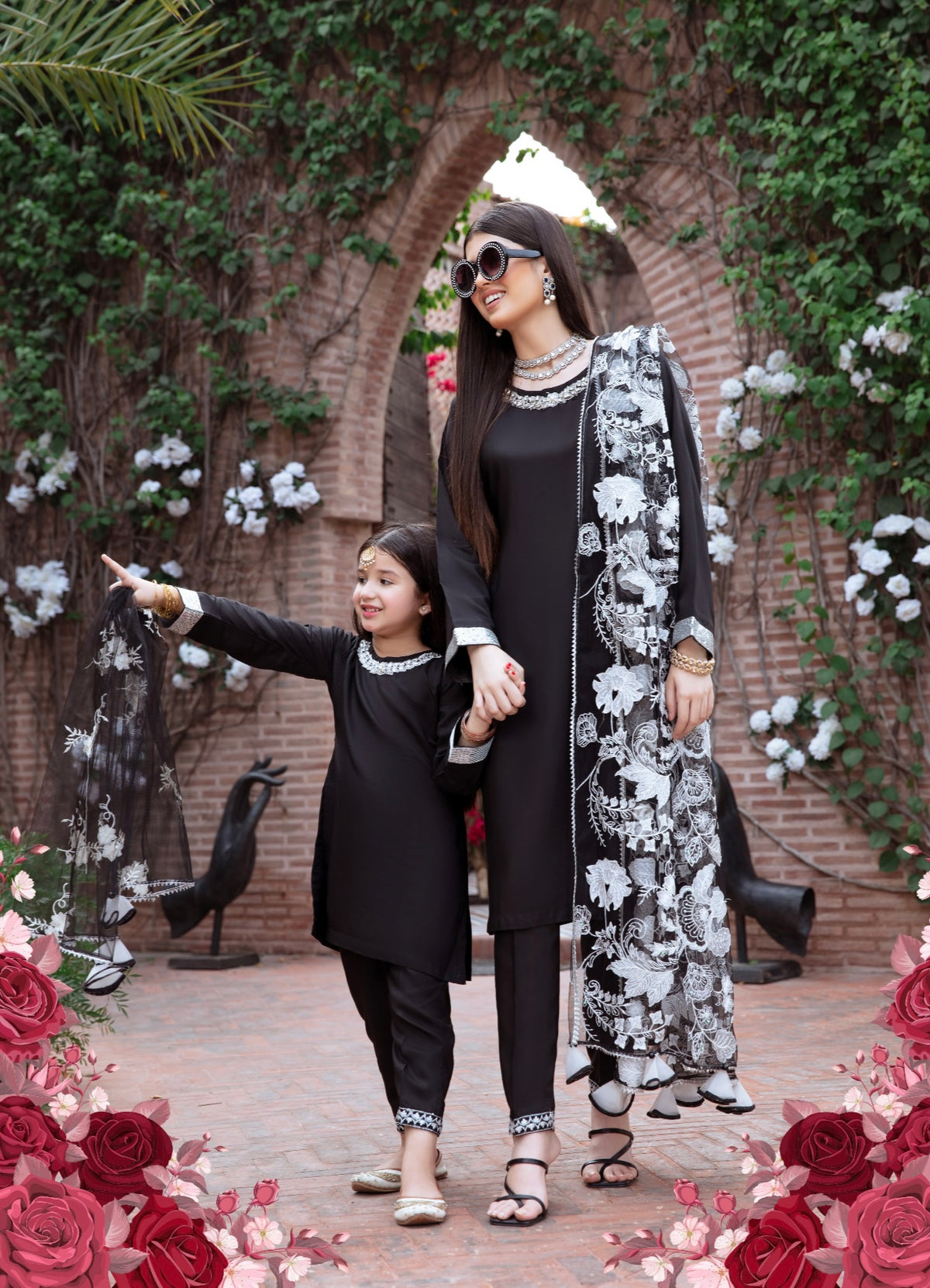 SIMRANS Kesariya 3 piece mother and daughter luxury suit in black SKEC01