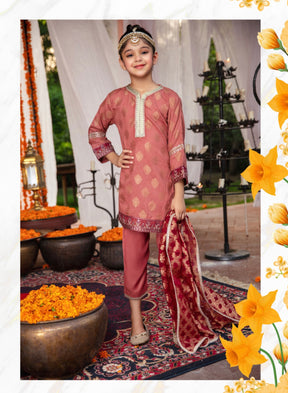 SIMRANS IVANA Mother Daughter/kids 3 piece luxury embroidered jacquard suit in dark peach-SILC001