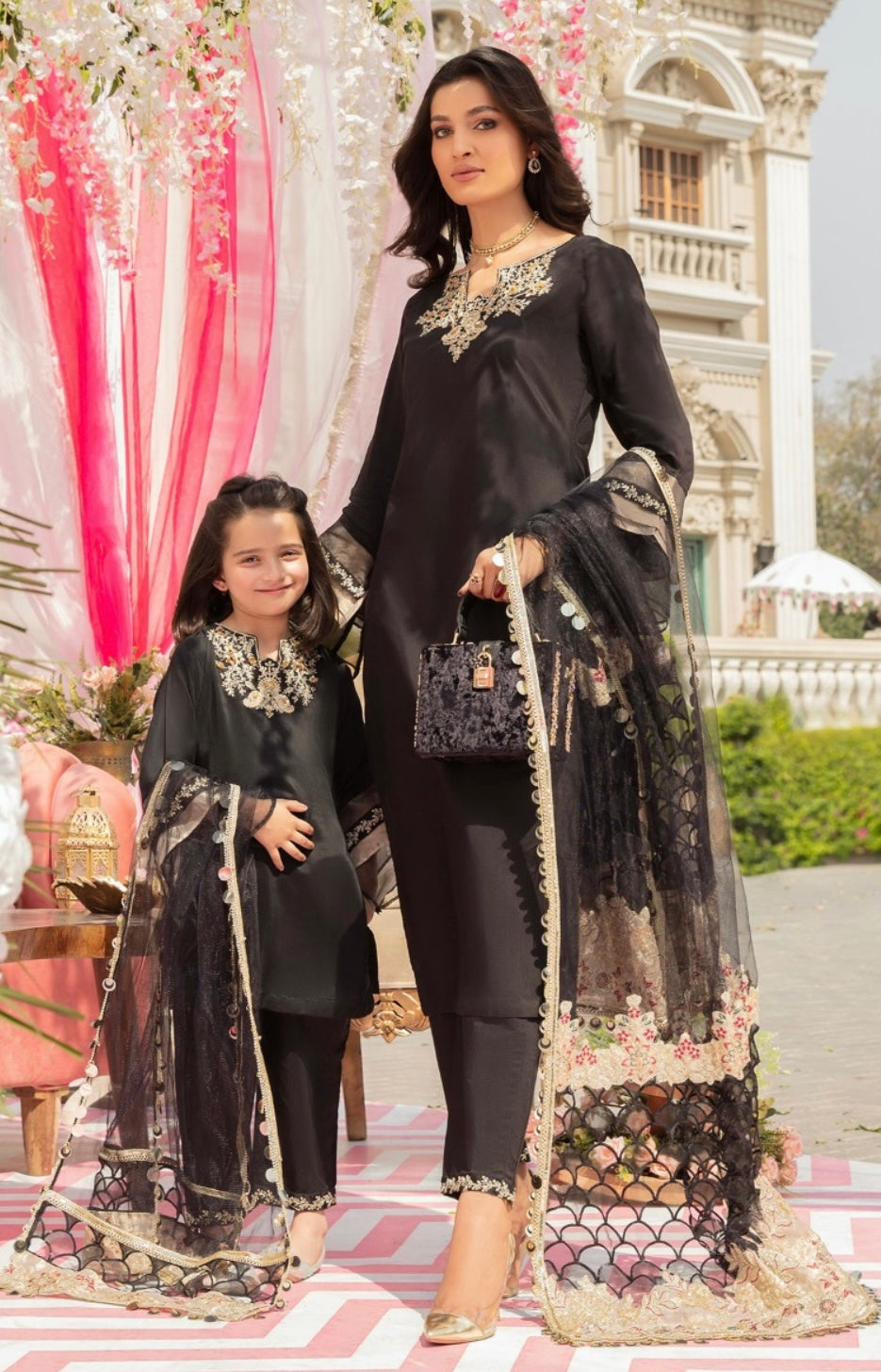 SIMRANS Ivana luxe Mummy & Me /kids collection 3 piece readymade suit in black SIL06