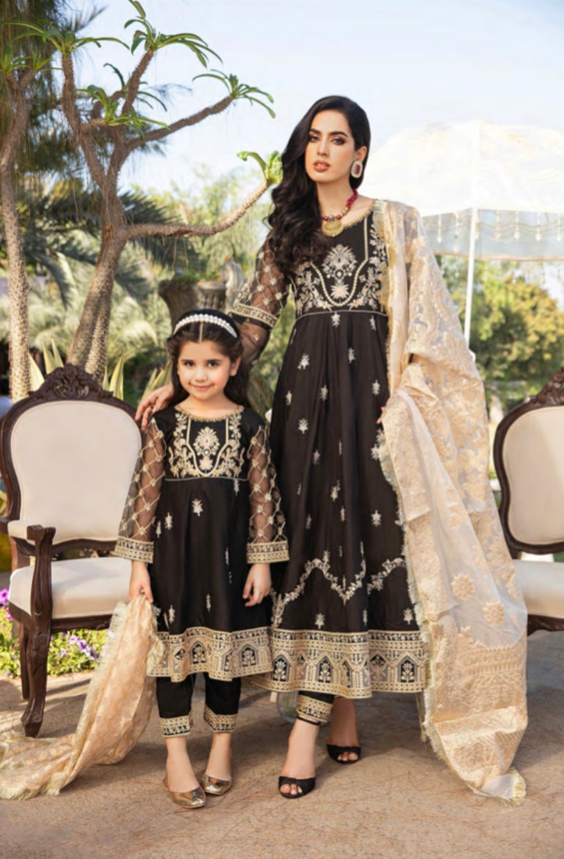SIMRANS IVANA Luxury 3 piece Embroidered Lawn Mother Daughter/Kids Sharara BLACK - SILL02