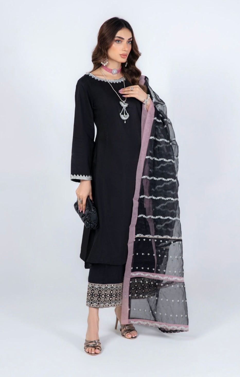 SIMRANS Ivana luxury collection 3 piece black embroidered suit mother and daughter/kids