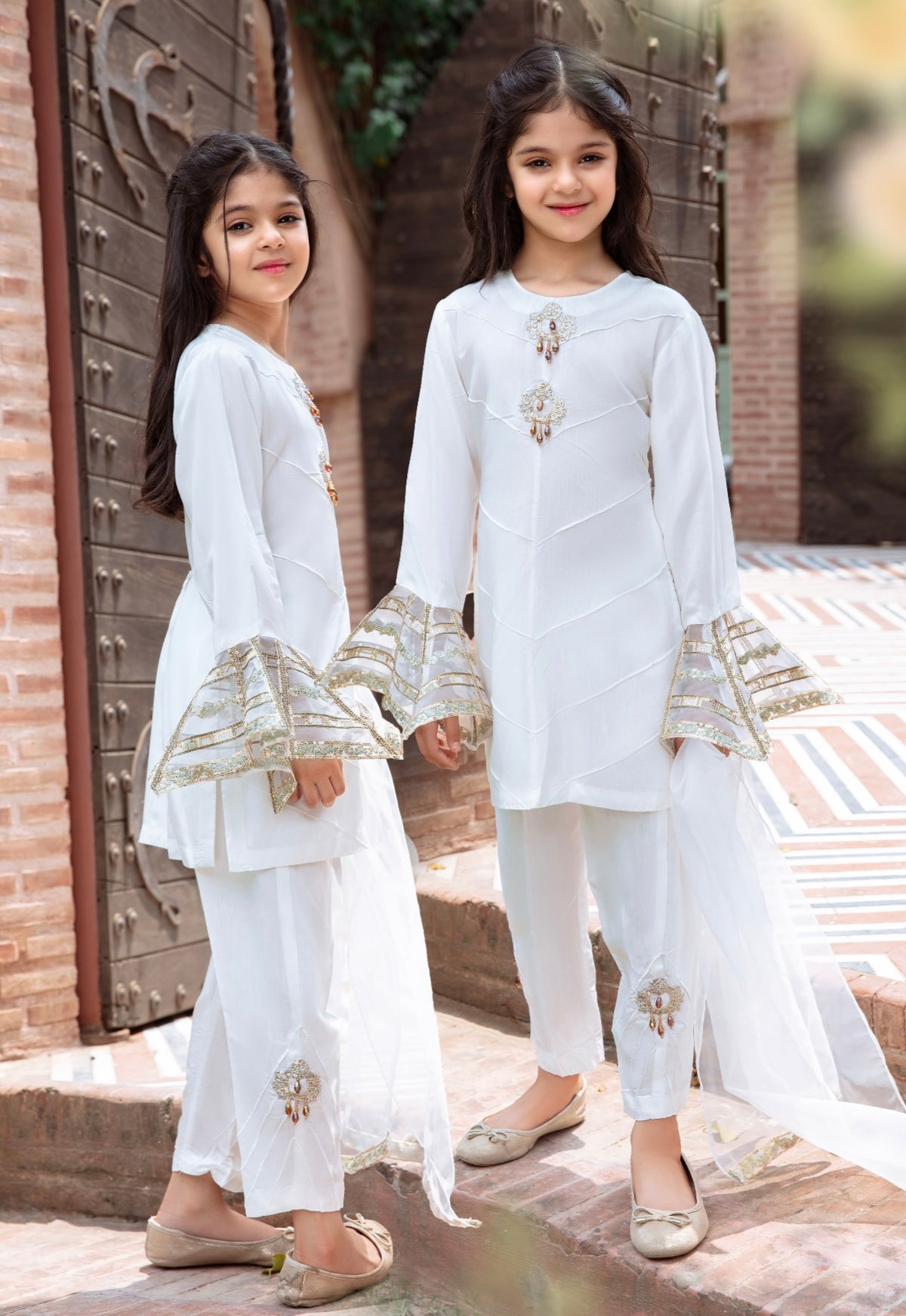 SIMRANS Kesariya 3 piece mother and daughter luxury suit in white - SKEC02