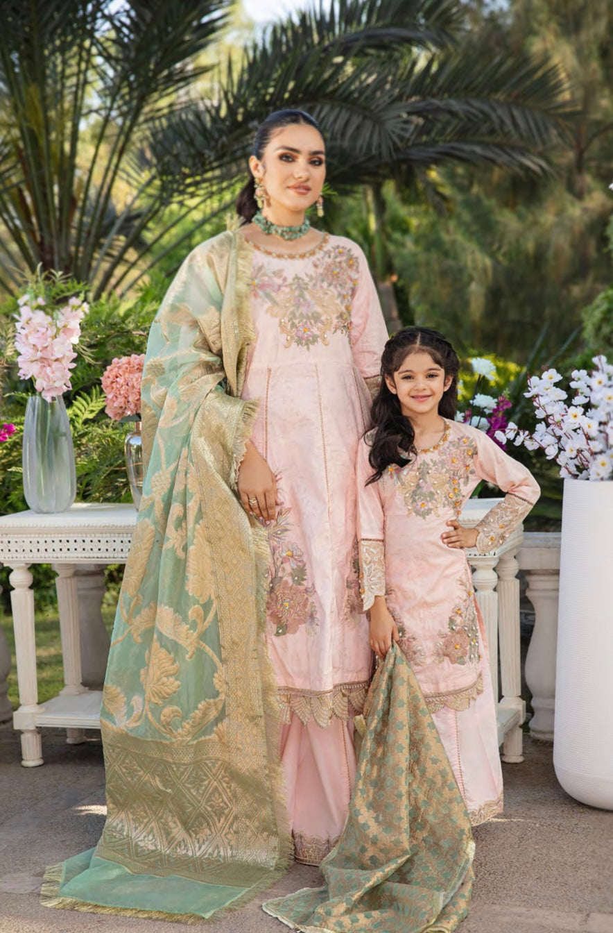 SIMRANS IVANA Luxury 3 piece Embroidered Lawn Mother daughter/kids Sharara PINK - SILL01