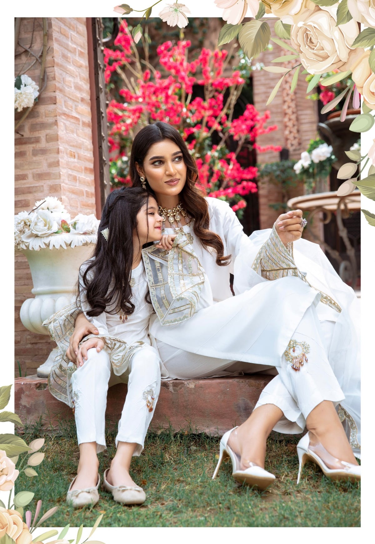 SIMRANS Kesariya 3 piece mother and daughter luxury suit in white - SKEC02