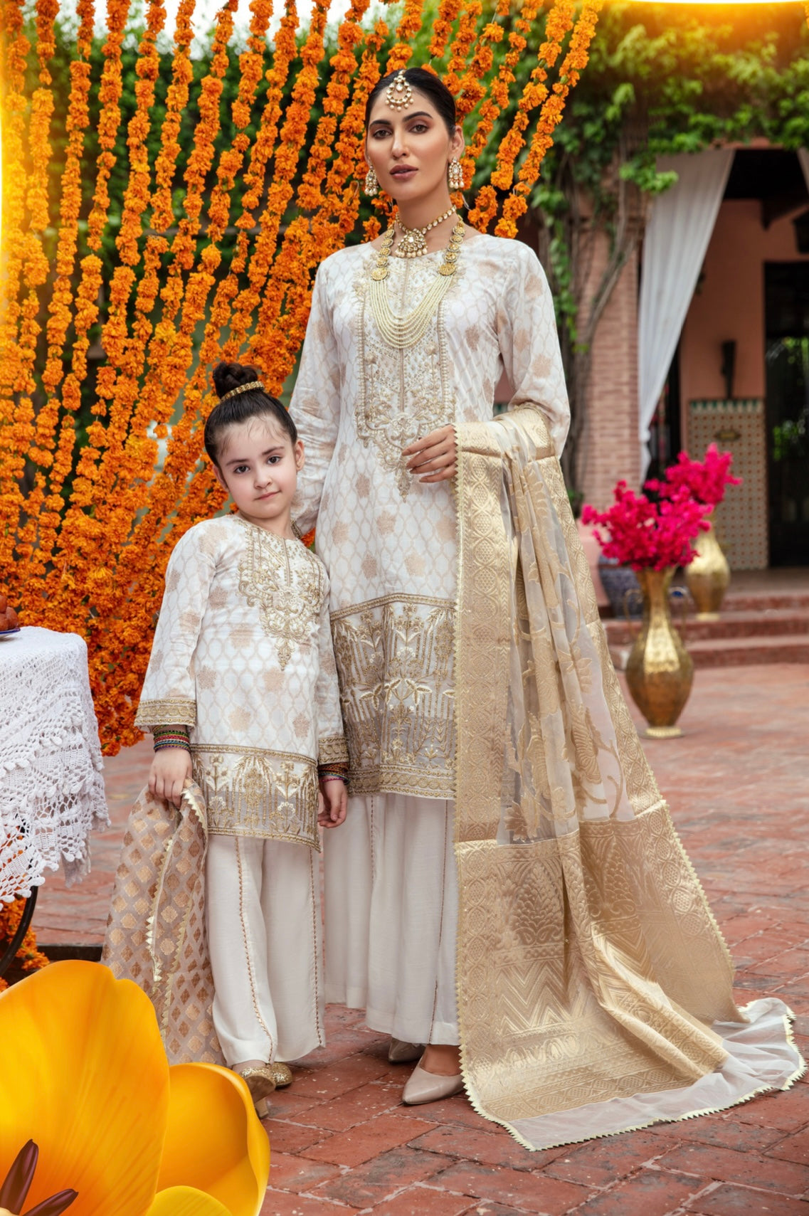 SIMRANS IVANA Mother Daughter/kids 3 piece luxury embroidery jacquard suit in CREAM —SILC007