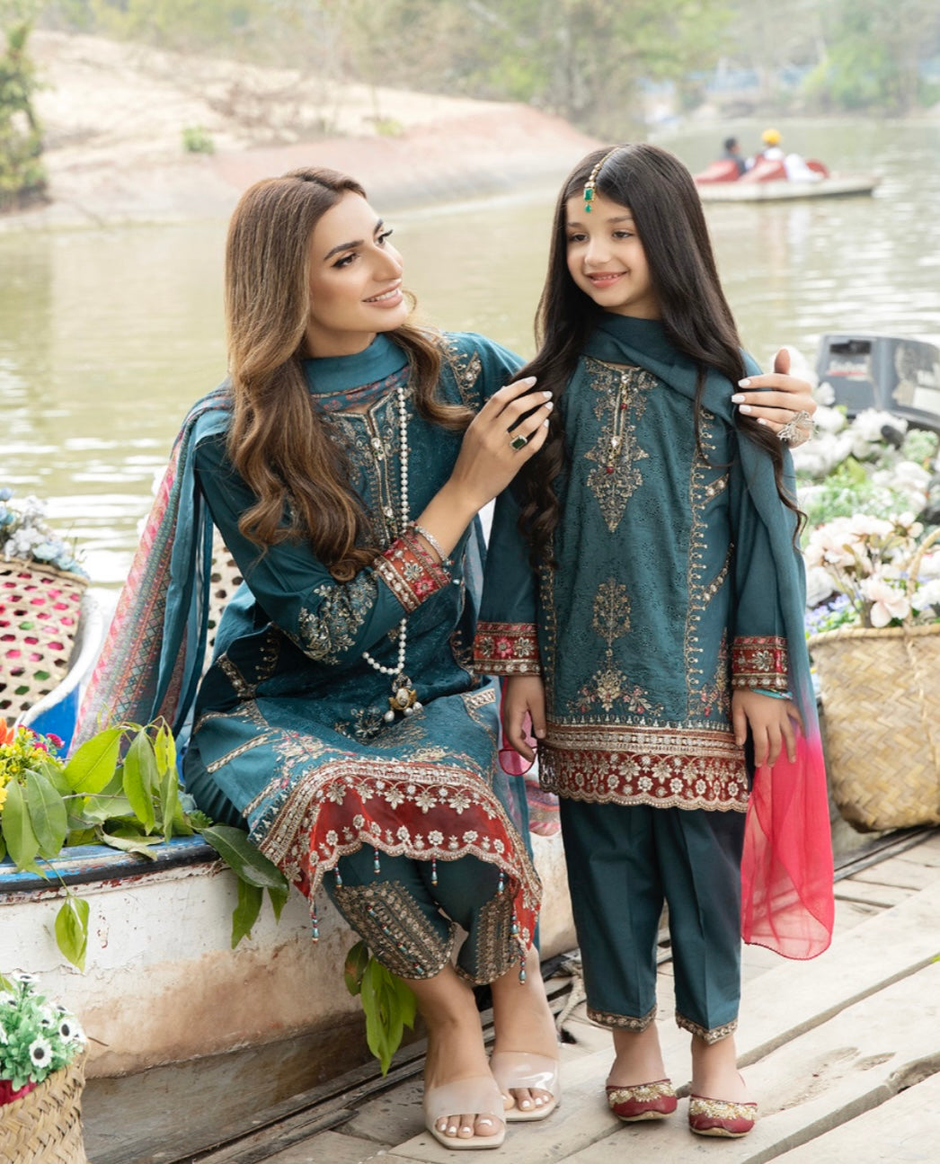 SIMRANS CHICKENKARI 3 Piece mother and daughter/kids collection in teal SCKC-583