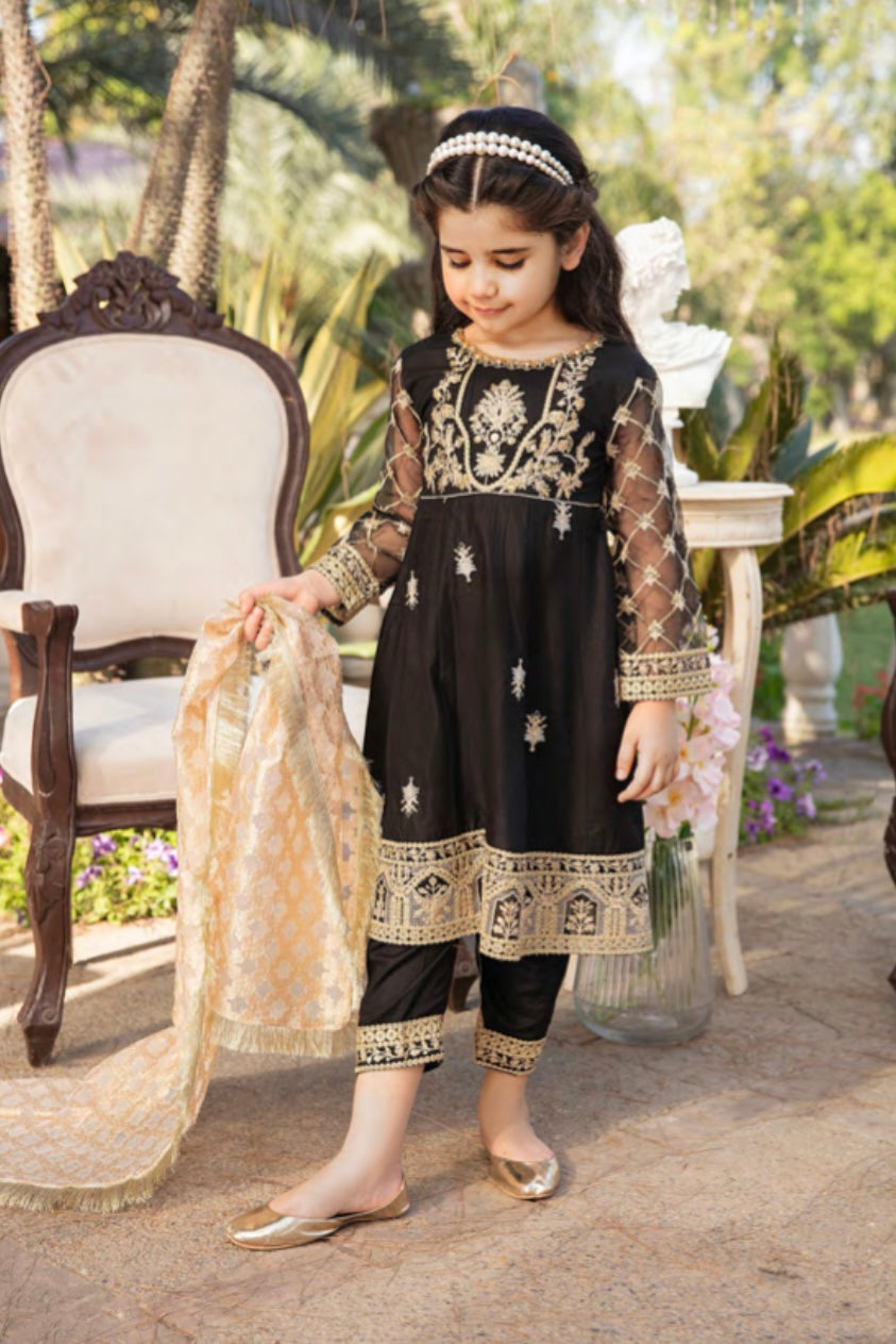 SIMRANS IVANA Luxury 3 piece Embroidered Lawn Mother Daughter/Kids Sharara BLACK - SILL02