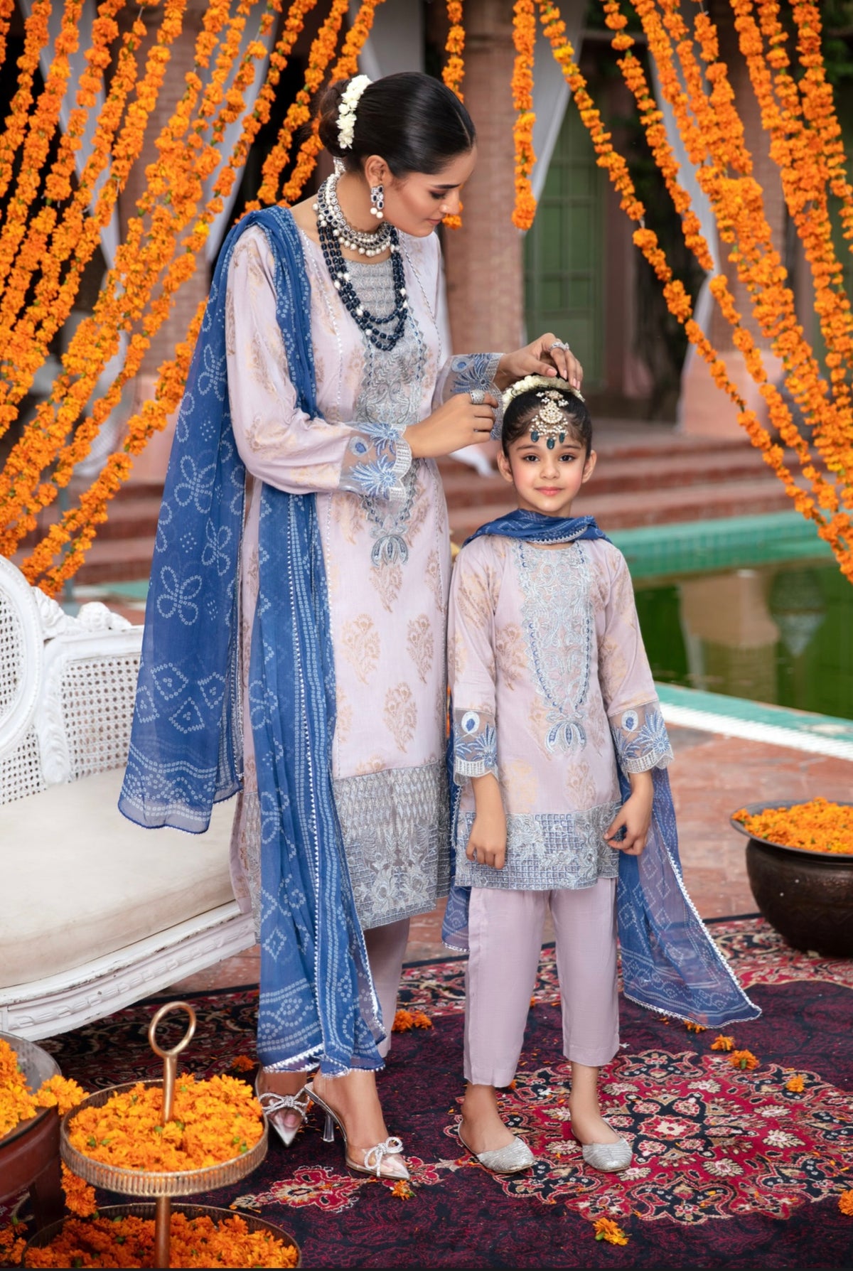 SIMRANS IVANA Mother Daughter/kids 3 piece luxury embroidery jacquard suit in Light lilac-SILC002