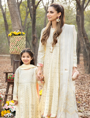 SIMRANS CHICKENKARI 3 Piece mother and daughter/kids collection in cream SCKC-586