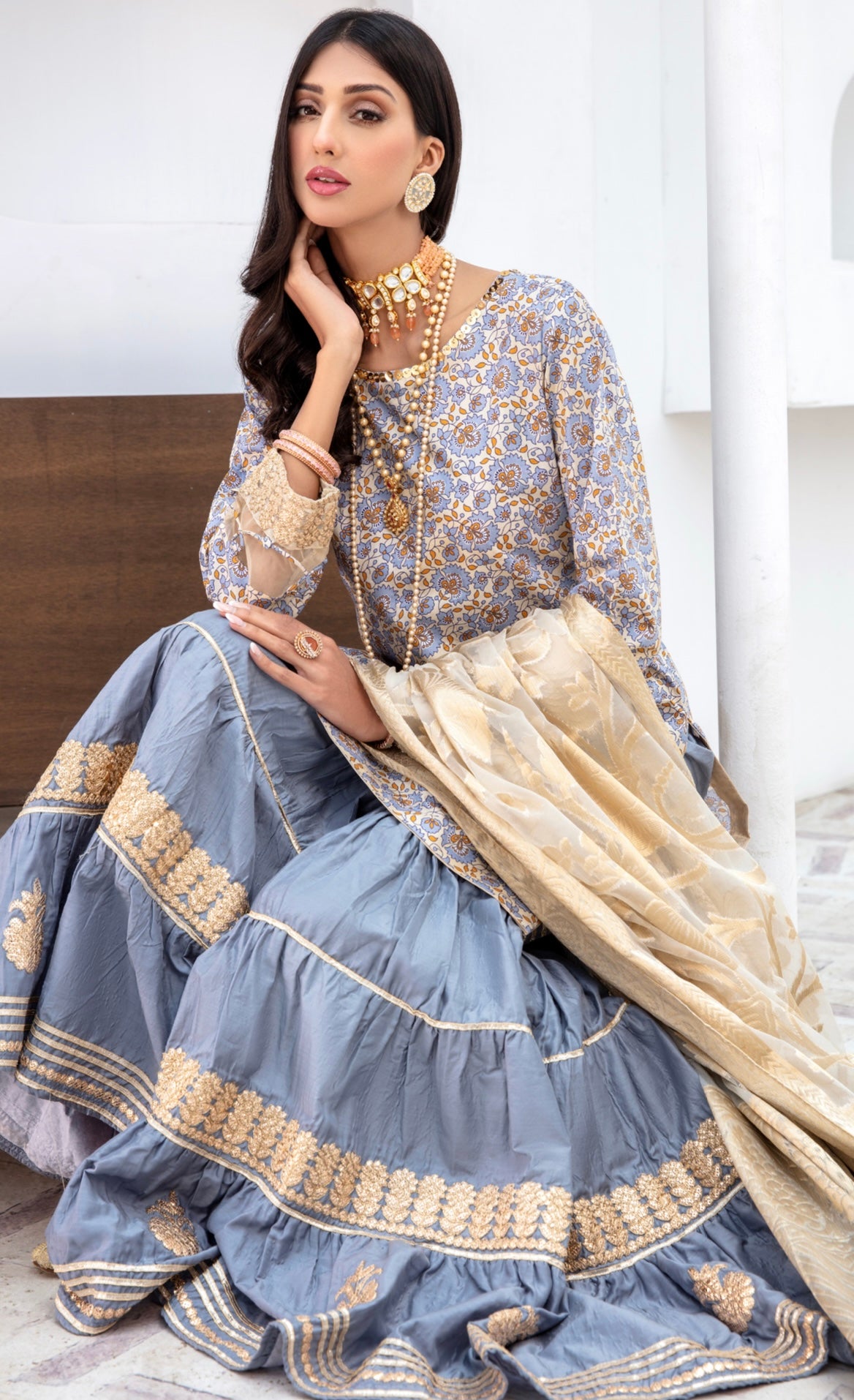 SIMRANS Ivana mother and daughter luxury lawn gharara suit in Grey SIL303