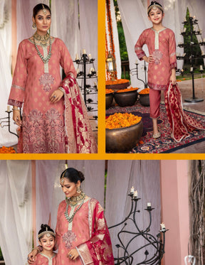 SIMRANS IVANA Mother Daughter/kids 3 piece luxury embroidered jacquard suit in dark peach-SILC001