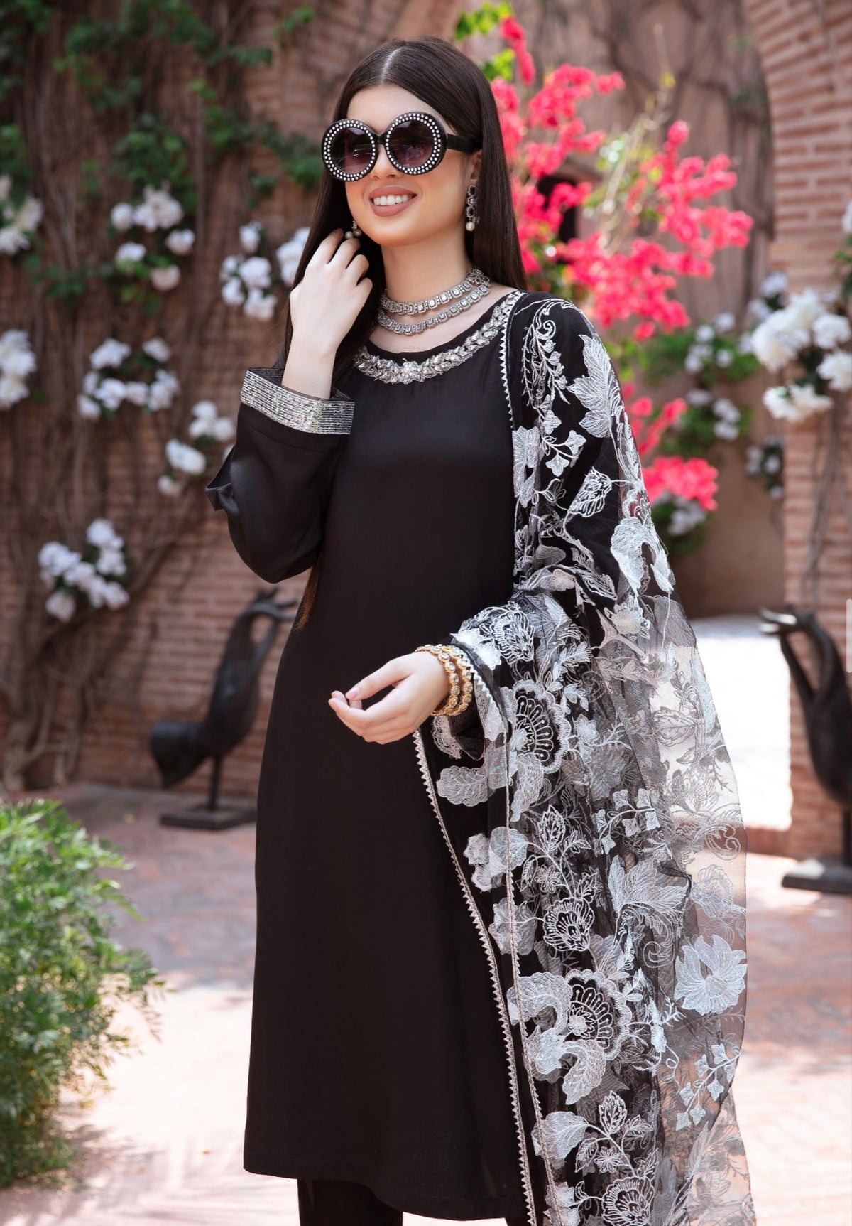 SIMRANS Kesariya 3 piece mother and daughter luxury suit in black SKEC01