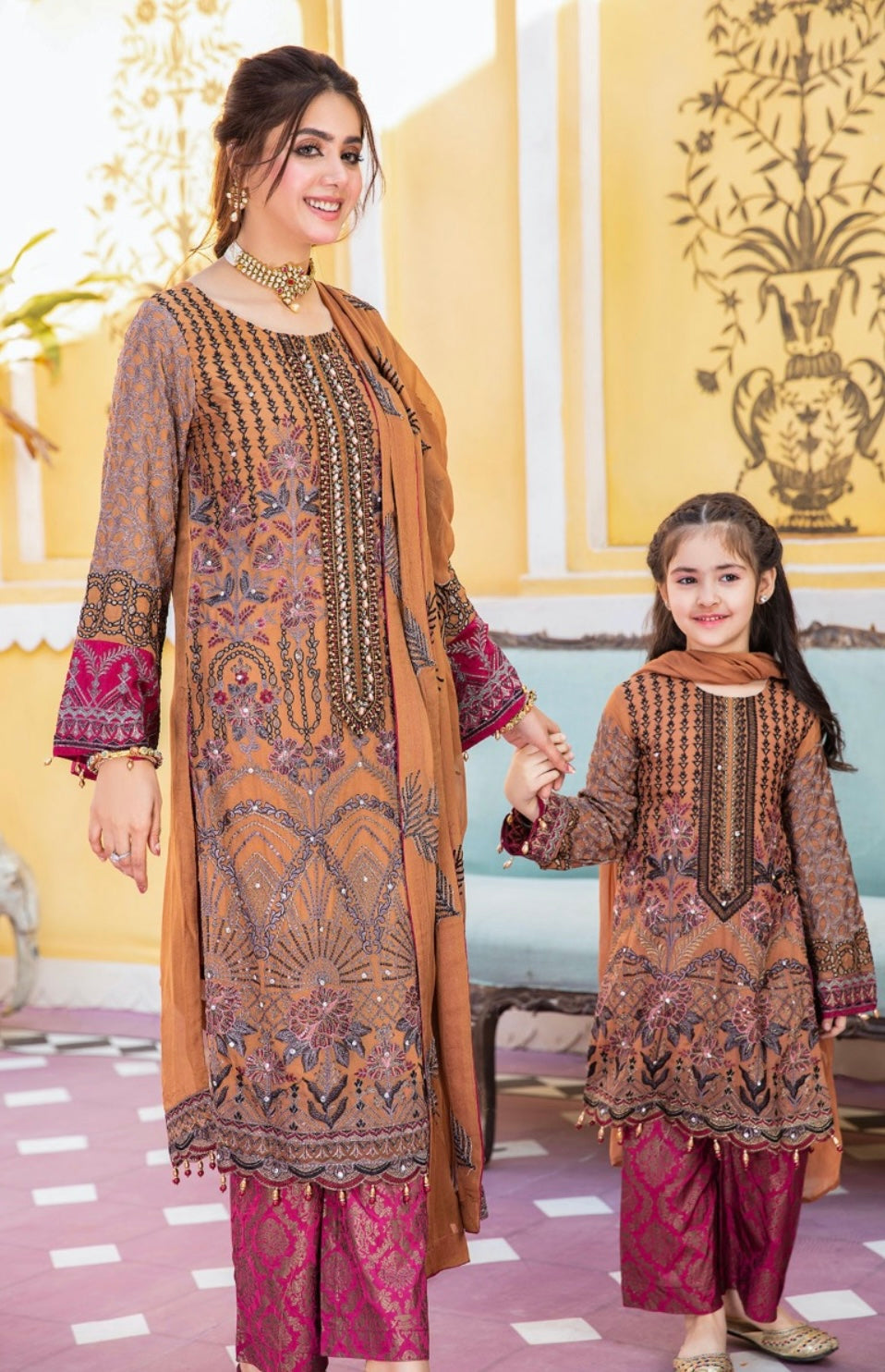 FAREEN by SIMRANS 3PC LUXURY CHIFFON MOTHER DAUGHTER/kids COLLECTION FSC-012
