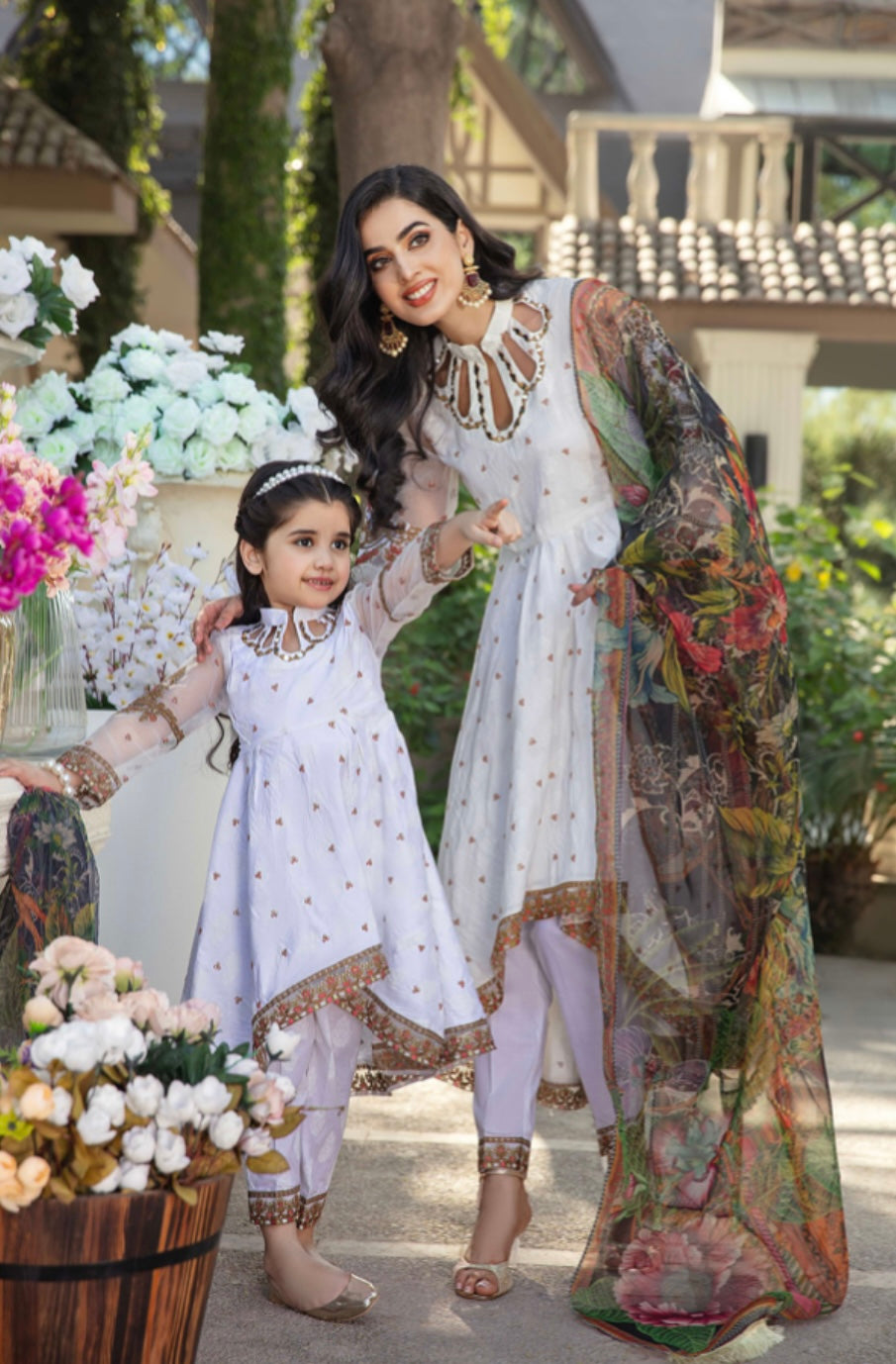 SIMRANS IVANA Luxury 3 piece Embroidered Lawn Mother Daughter/Kids Light beige/Pink suit - SILL08