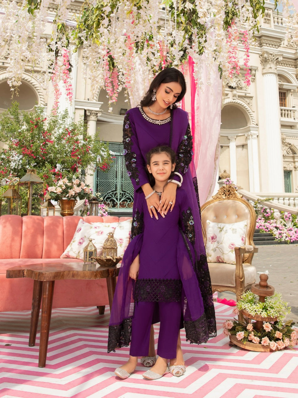 SIMRANS Ivana mother and daughter luxury lawn suit in PURPLE SIL302