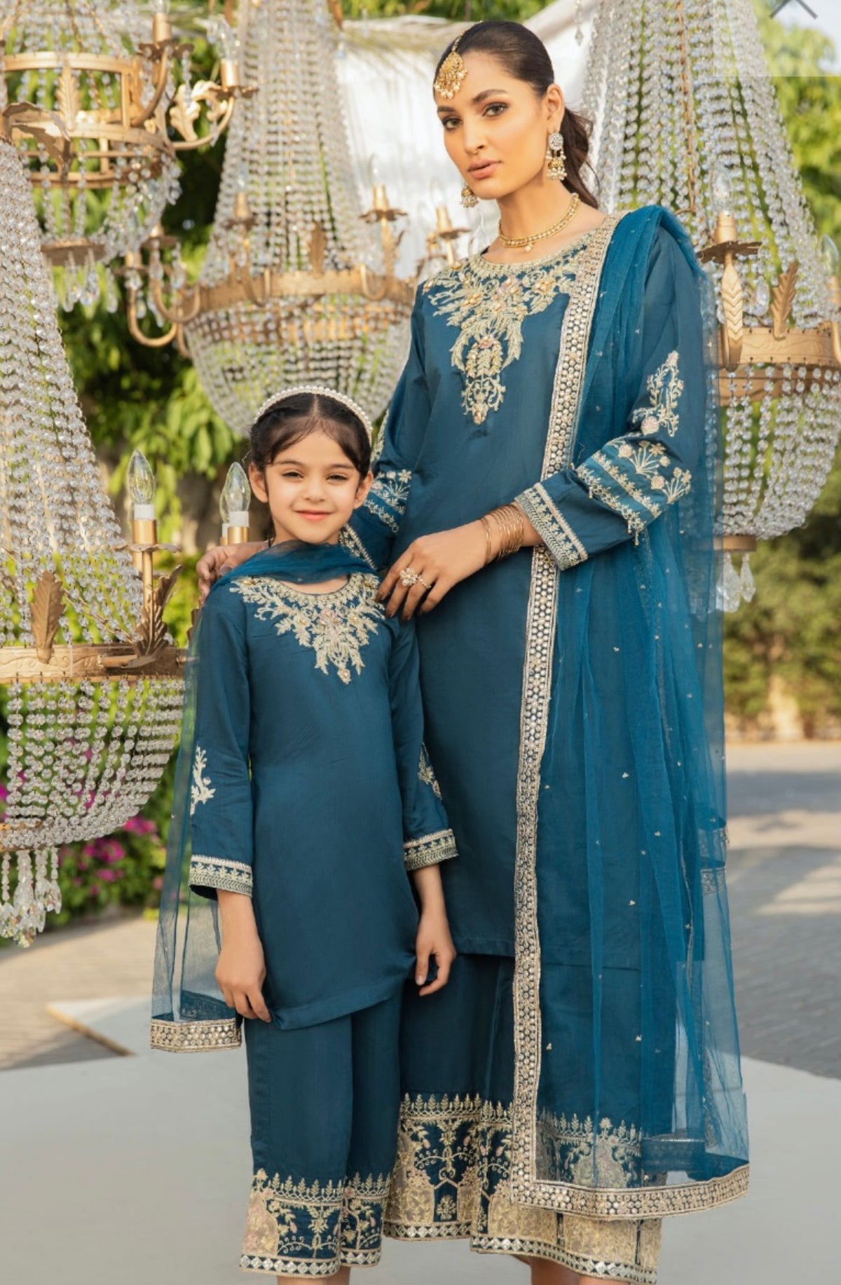 SIMRANS Ivana luxe Mummy & Me /kids collection 3 piece readymade suit in Teal SIL08